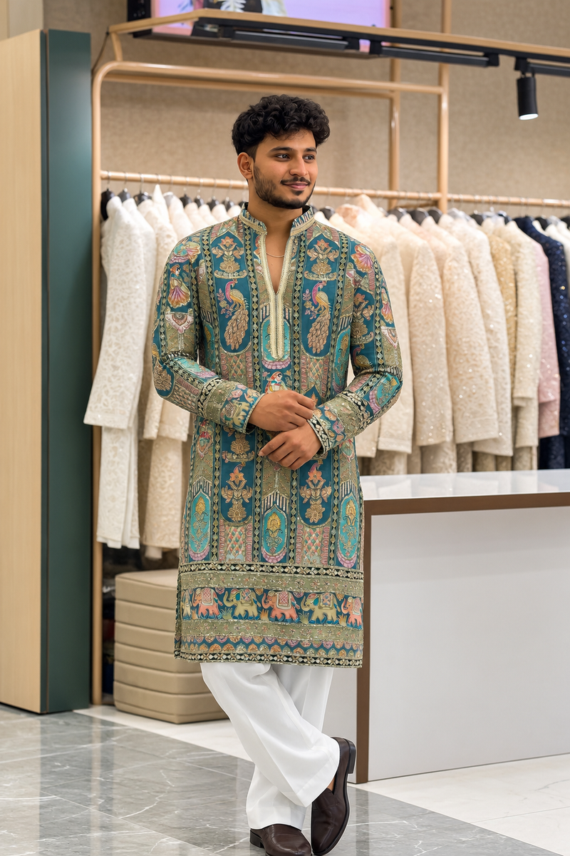 Men's Premium Rama Peacock Print Designer Kurta