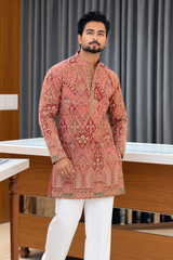 Premium Rose Pink Embroidered Kurta Pant Set for Men