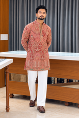 Premium Rose Pink Embroidered Kurta Pant Set for Men