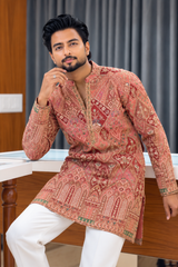 Premium Rose Pink Embroidered Kurta Pant Set for Men