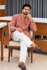 Premium Rose Pink Embroidered Kurta Pant Set for Men