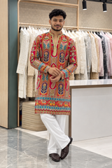 Men's Premium Red Peacock Print Designer Kurta Only