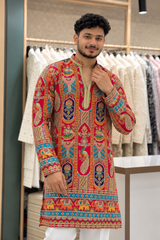 Men's Premium Red Peacock Print Designer Kurta Only