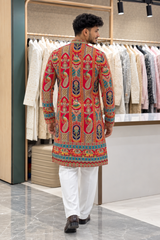 Men's Premium Red Peacock Print Designer Kurta Only
