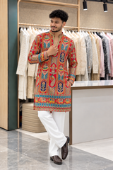 Men's Premium Red Peacock Print Designer Kurta Only